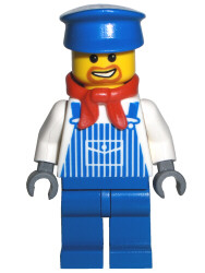 LEGO minifigure Engineer Max (trn131) with blue cap, red scarf, white shirt, blue pinstripe overalls, and dark bluish gray hands.