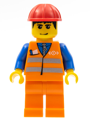 LEGO Minifigure with red construction helmet, black hair, orange vest with safety stripes, blue shirt, and orange legs.