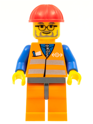 LEGO Minifigure trn143 with orange reflective vest, orange legs, red hard hat, dark bluish gray beard and glasses.