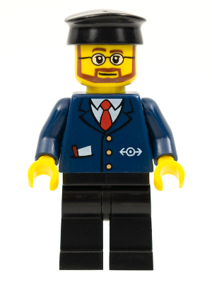 LEGO Minifigure trn223 in a dark blue suit with a train logo, black legs, black hat, yellow face with beard and glasses.
