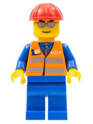 LEGO minifigure wearing an orange safety vest with stripes, blue uniform, red construction helmet, and silver glasses.