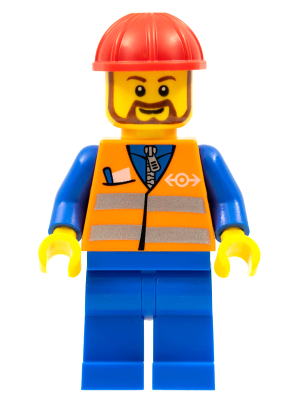 LEGO Minifigure trn230 in orange safety vest with stripes, blue legs, red construction helmet, and brown beard.