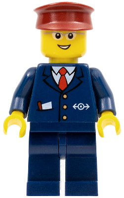 LEGO Minifigure with dark blue suit, red tie, train logo, dark blue legs, dark red hat, glasses, and a smiling yellow face.