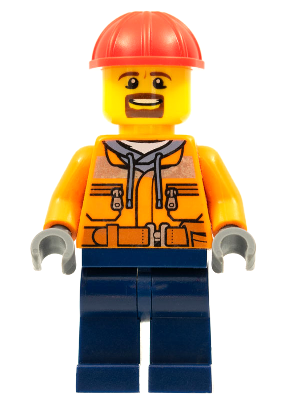 LEGO minifigure with red hard hat, orange safety jacket with reflective stripes, dark blue legs, and goatee.