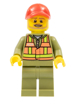 LEGO Minifigure trn244: Train Driver with orange safety vest, lime straps, olive green legs, red cap, and dark tan beard.