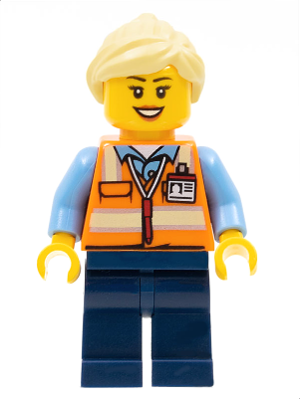 LEGO female train worker minifigure wearing an orange safety vest with badge, blue shirt, dark blue legs, and blonde hair.