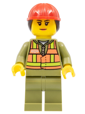 LEGO Minifigure trn246: Female train worker with orange safety vest, olive green legs, and red construction helmet with dark brown ponytail.