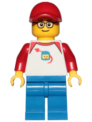 LEGO Minifigure trn247: man with red cap, glasses, white shirt with Classic Space logo, red sleeves, and blue legs.