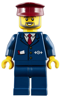 LEGO Minifigure trn248 wearing dark blue suit with train logo, dark blue legs, dark red hat, and gray beard.