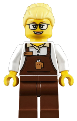 Female barista minifigure with reddish-brown apron, coffee cup, name tag, reddish-brown legs, bright light yellow hair, glasses.