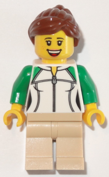 LEGO minifigure trn250 female train passenger with reddish brown hair, freckles, white and green zippered sweatshirt, tan legs.