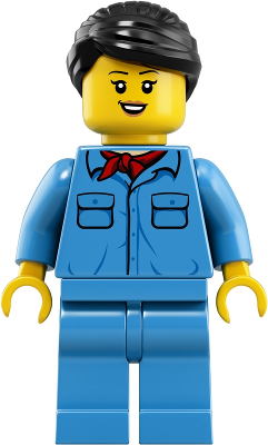 LEGO female minifigure with black hair, medium blue shirt, red bandana, and medium blue legs, smiling.