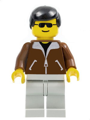 LEGO Minifigure twn003 with brown jacket, light gray legs, black hair, and black sunglasses.
