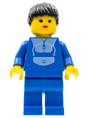 LEGO Minifigure twn046 with black ponytail hair, yellow head, and blue jogging suit torso and legs.
