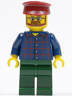 LEGO minifigure twn080 wearing a dark blue plaid shirt, dark green legs, dark red hat, glasses, and a reddish-brown beard.