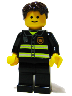 LEGO Minifigure twn091 Fire with dark brown hair, yellow face, black uniform with neon reflective stripes and fire emblem.