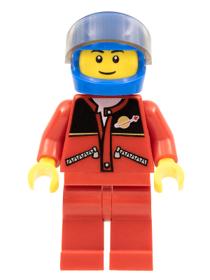 LEGO minifigure twn163 wearing a red jacket with zipper pockets, Classic Space logo, red legs, and a blue helmet with a clear visor.