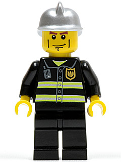 LEGO Minifigure twn175 Firefighter with reflective stripes, black legs, silver helmet, cheek lines, and yellow hands.