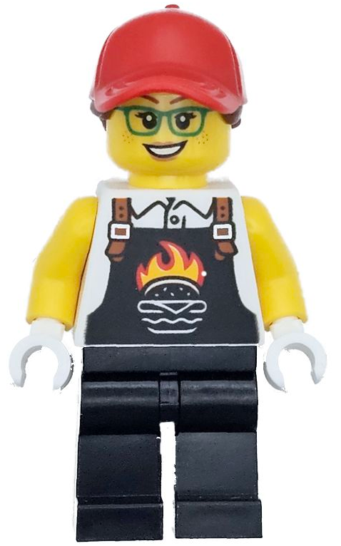 LEGO Minifigure twn495 Burger Truck Vendor with red cap, green glasses, white shirt, black apron with a flaming burger, and black legs.