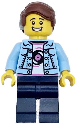 LEGO minifigure with bright light blue denim jacket over a record shirt, dark blue legs, reddish-brown hair, and cochlear implant.