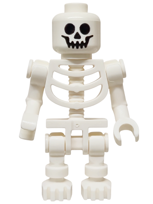 White LEGO skeleton minifigure, twn526, with black printed skull face, bent arms, and different hand grips.