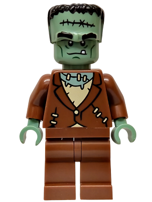 LEGO Minifigure twn528 Frankenstein's Monster, with green head, stitches, black hair, brown jacket, and brown legs.
