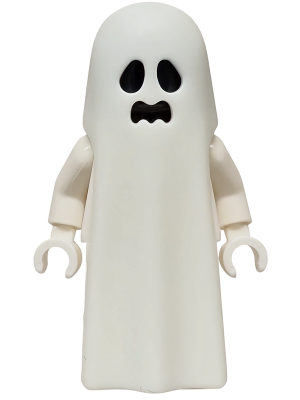 White LEGO Minifigure twn529 Ghost, featuring black cutout eyes and a wavy, scared mouth, standing on a white background.