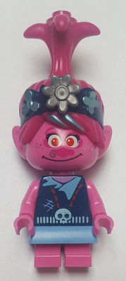 Pink LEGO Trolls Poppy minifigure (twt019) wearing a dark blue vest with a skull, light blue skirt, and silver flower headband.