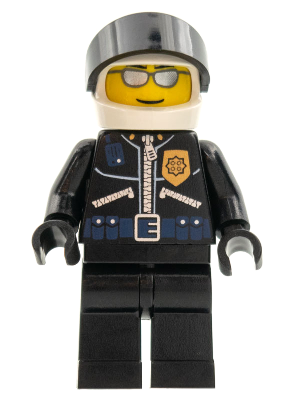 LEGO Minifigure wc008, Police World City Helicopter Pilot in black uniform with badge, zipper, helmet, and sunglasses.