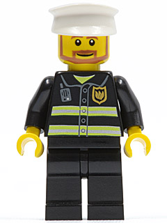 LEGO Minifigure wc020, a firefighter in a black uniform with reflective stripes, black legs, a white hat, and a yellow head with a beard and smile.