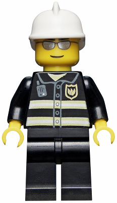 LEGO Minifigure wc021, a firefighter with a white helmet, silver sunglasses, black uniform with reflective stripes, and a flame badge.