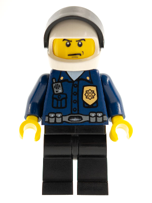 LEGO minifigure wc023 World City Patrolman in dark blue uniform with badge and radio, black legs, white helmet, black visor.