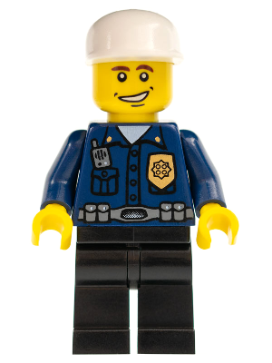 LEGO Minifigure wc026, a World City Patrolman in a dark blue shirt with badge and radio, black legs, and a white cap.