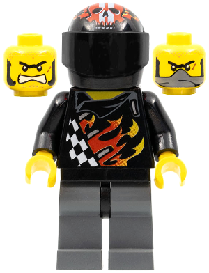 LEGO Minifigure wr002 Backyard Blaster 1 with black helmet, skull design, flame shirt, grey legs, and two alternate heads.