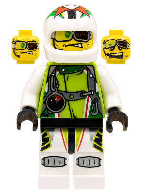 LEGO minifigure wr008 Team X-treme Daredevil 2 (DEX-treme) with white helmet, lime green and white suit, and two heads.