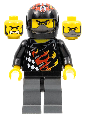 LEGO Minifigure wr009 Bart Blaster with black skull helmet, black torso with flames and checkered flag, gray legs, and two alternate angry heads.
