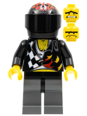 LEGO Minifigure wr010 Bubba Blaster with black helmet, skull design, checkered/flame torso, grey legs. Two extra heads.