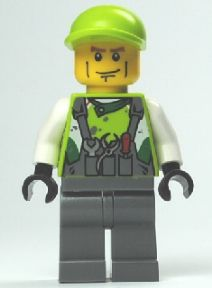 LEGO Minifigure wr013, Crew Member 2, with lime green hard hat, yellow head, green torso with biohazard symbol and tools, and dark grey legs.