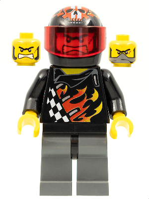 LEGO Minifigure wr023 Bart Blaster with skull helmet, trans-red visor, flame shirt, dark grey legs, and two extra heads.
