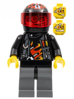 LEGO Minifigure wr024 Billy Bob Blaster: black skull helmet, red visor, black jacket with tools/flames, gray pants. Two yellow alternate heads.