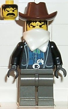 LEGO ww011 Bandit 4 minifigure wearing a brown cowboy hat, white bandana, black jacket over a dark blue vest, and dark grey legs. Inset shows scowling face.