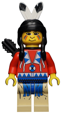 LEGO Minifigure ww014 Indian 2 with black headdress, white feathers, face paint, red shirt, tan legs, and black quiver.