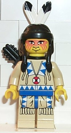 LEGO Minifigure ww016 Indian 1 with black feathered headdress, face paint, tan tunic with blue patterns, and black quiver.
