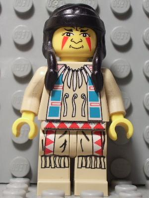 LEGO Minifigure ww023 - Indian 3 with black braided hair, red face paint, tan tunic with white necklace, blue patterns, and fringed pants.