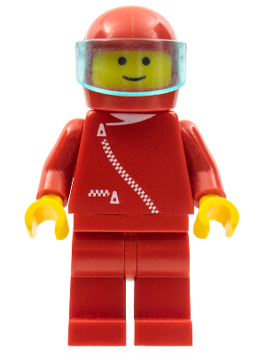 Red LEGO Minifigure with zipper jacket, red legs, red helmet, trans-light blue visor, yellow hands, and a smiling face.