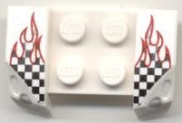 White LEGO 2x4 mudguard with headlights overhang, featuring red flame and black-white checkered patterns on both sides.