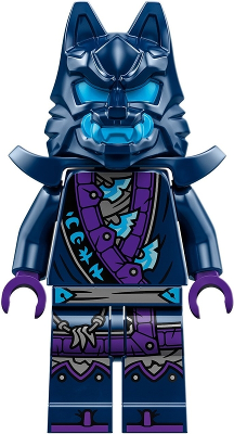 LEGO njo0851 Wolf Mask Warrior minifigure with dark blue and dark azure mask, shoulder armor, and patterned outfit.