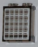 Dark grey LEGO 1x2x2 panel with side supports and two hollow studs, featuring a white solar panel sticker pattern.