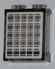 Dark grey LEGO 1x2x2 panel with side supports and two hollow studs, featuring a white solar panel sticker pattern.