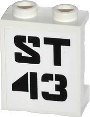 White LEGO 1x2x2 panel with side supports and hollow studs, featuring a black 'ST 43' pattern sticker.